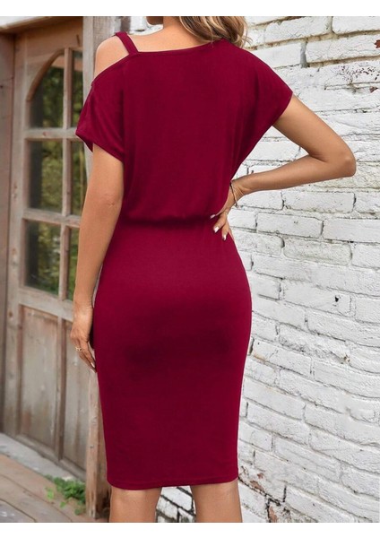 AYDOGANTICARET44 Kadın Kısa Kollu Tek Omuz Askı ve Aksesuar Detay Beli Lastikli Krep Elbise fiyatları