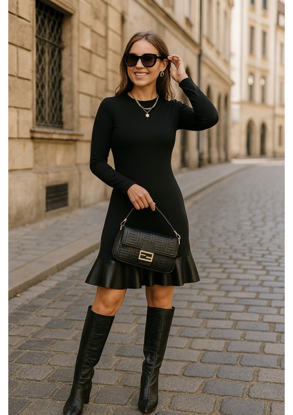 AYDOGANTICARET44 Kadın Uzun Kollu Bisiklet Yaka Üst Viskon Etek Ucu Deri Kısa Elbise