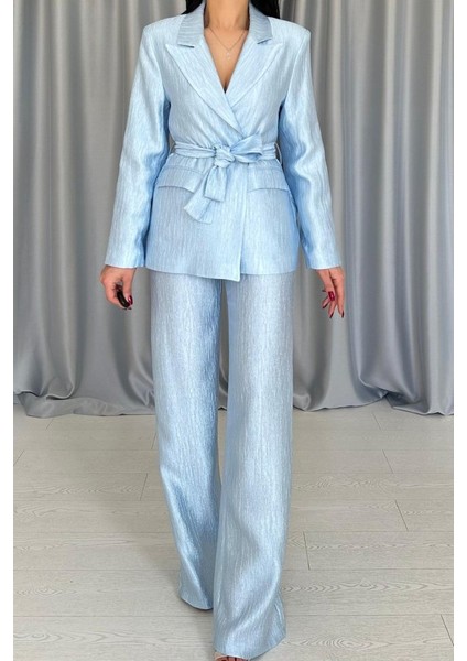 AYDOGANTICARET44 Mavi Beli Kuşaklı Ceket ve Pantolon Parlak Takım modelleri