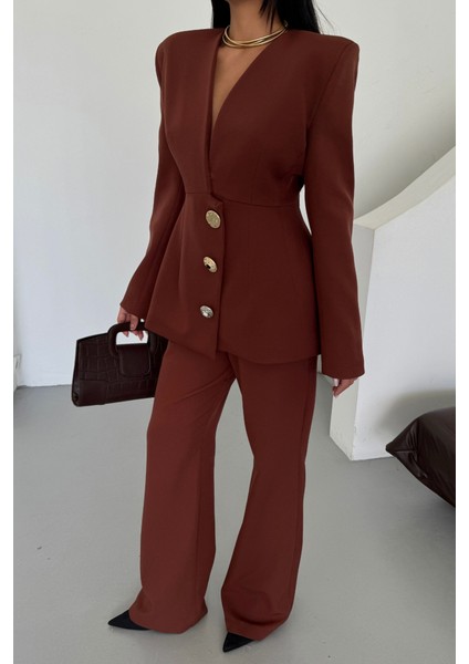 AYDOGANTICARET44 Tasarım Ceket-Pantolon Takım Metal Düğme Detaylı - Kahverengi fırsatları