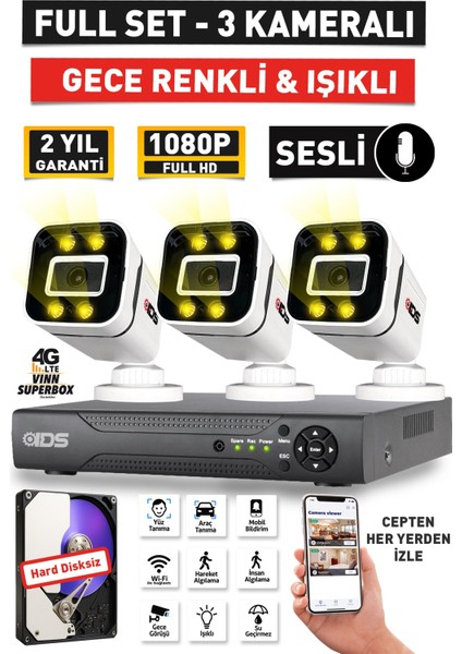 Sesli - 3 Kameralı Fullhd Gece Renkli ve Işıklı Güvenlik Kamerası - Kamera Seti Hard Disksiz