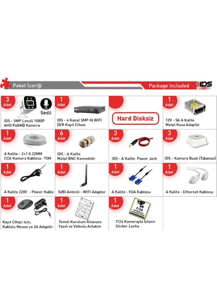 Sesli - 3 Kameralı Fullhd Gece Renkli ve Işıklı Güvenlik Kamerası - Kamera Seti Hard Disksiz fiyatları