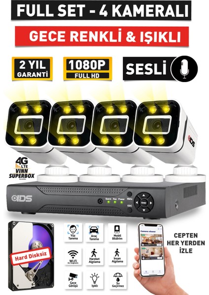 Sesli - 4 Kameralı Fullhd Gece Renkli ve Işıklı Güvenlik Kamerası - Kamera Seti Hard Disksiz