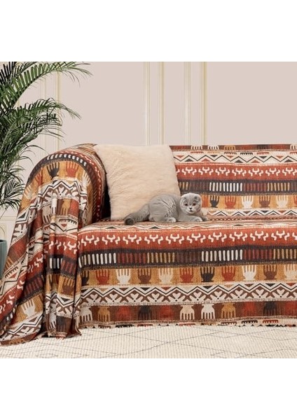 Concept Softmicro Boho Etnik Desenli Mikrofiber Koltuk Örtüsü ve Tv Battaniyesi, Koltuk Şalı, Kaymaz Toprak 130X180 cm