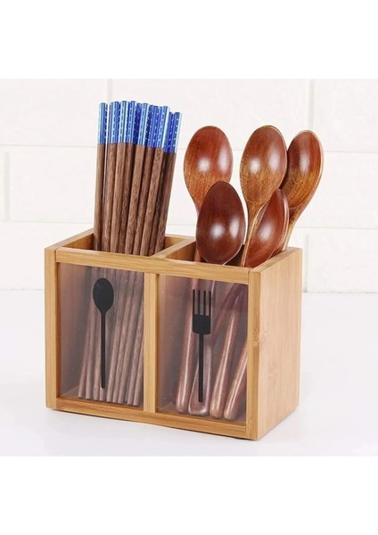 Bölmeli Bambu Kaşıklık ve Çubukluk Organizatör, Ahşap Mutfak Gereçleri Için Kapaklı Saklama Kutusu