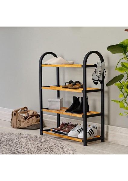 Midi Ahşap Çubuklu Ayakkabılık 4 Bölmeli Düzenleyici 8 Çift Ayakkabı Kapasiteli Raf Ünitesi