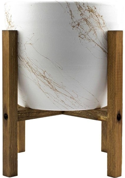 Tasarımı Ev Dekorasyon Aksesuar Beyaz Üzeri Gold Mermer Efektli Toprak Saksı Saksılık Salon Çiçeklik 4 Ayaklı - 19 cm