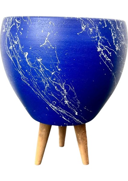 Tasarımı Ev Dekorasyon Lacivert Üzeri Beyaz Mermer Efektli Toprak Saksı Saksılık Salon Çiçeklik 3 Ayaklı - 15 cm