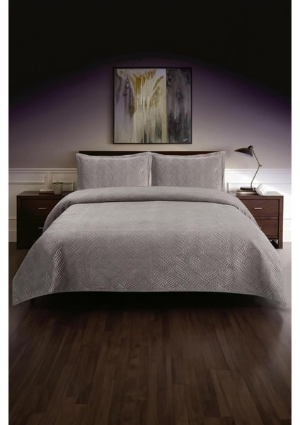 Silva Kadife Çift Kişilik Yatak Örtüsü Takımı (Gri)