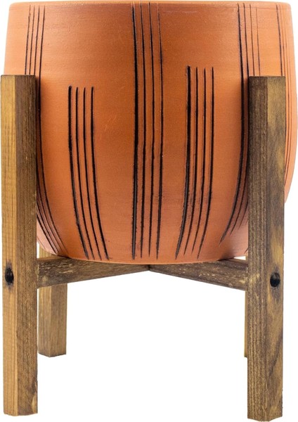 Tasarımı Ev Dekorasyon Aksesuar Dik Çizgi Desenli Toprak Saksı Saksılık Salon Çiçeklik 4 Ayaklı - 19 cm