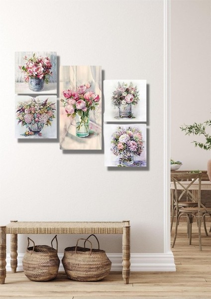 Handmade 5 Parça Ahşap Renkli Vazoda Çiçekler Duvar Dekoru - Salon Oturma Yatak Odası Mutfak Için Tablo Seti 30 x 50 Diğer