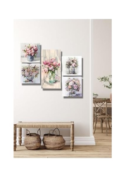 Handmade 5 Parça Ahşap Renkli Vazoda Çiçekler Duvar Dekoru - Salon Oturma Yatak Odası Mutfak Için Tablo Seti 30 x 50 Diğer