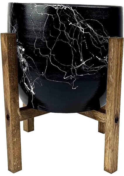 Tasarımı Ev Dekorasyon Aksesuar Siyah Üzeri Beyaz Mermer Efektli Toprak Saksı Saksılık Salon Çiçeklik 4 Ayaklı - 19 cm