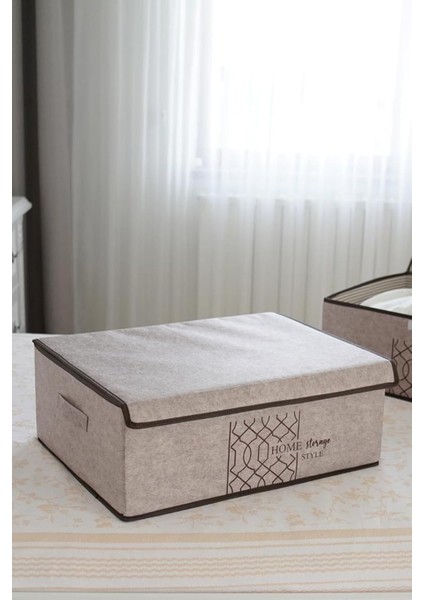 Kapısı Keçe Çok Amaçlı Kapaklı Düzenleyici Kutu 50 x 40 x 19 cm (Baza, Bej)