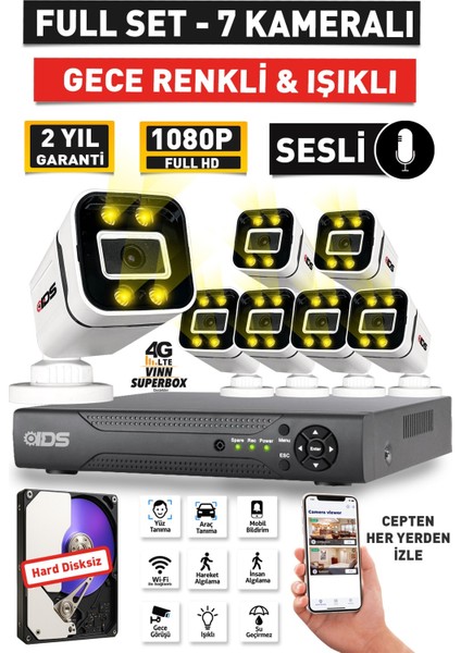 Sesli - 7 Kameralı Fullhd Gece Renkli ve Işıklı Güvenlik Kamerası - Kamera Seti Hard Disksiz
