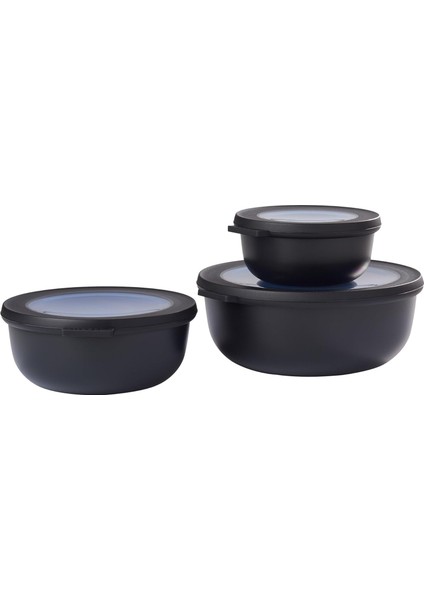 Cirqula 3 Parçalı Çok Kaseli Set Yuvarlak Iskandinav Siyahı - 350, 750 ve 1250 Ml, Derin Dondurucu Kavanozu, Mikrodalga Kapları ve Kapaklı Servis Kasesi Olarak Kullanılabilir