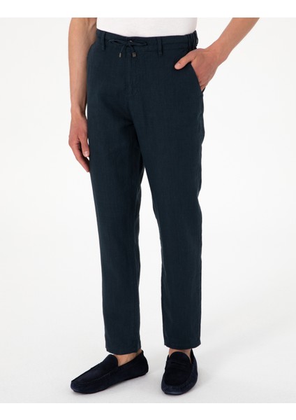 Erkek Lacivert Carrot Fit %100 Keten Beli Lastikli İpli Kanvas Pantolon 50301811-VR033