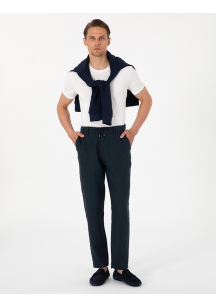 Erkek Lacivert Carrot Fit %100 Keten Beli Lastikli İpli Kanvas Pantolon 50301811-VR033