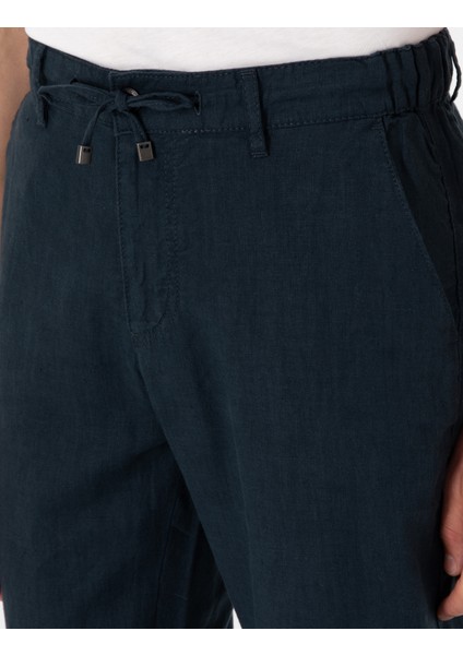 Erkek Lacivert Carrot Fit %100 Keten Beli Lastikli İpli Kanvas Pantolon 50301811-VR033