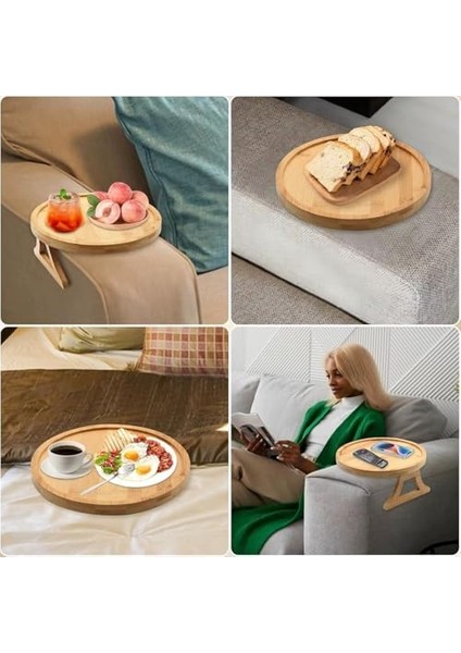 Yaylı Tutamaçlı Bambu Koltuk Tepsisi - Menteşeli, Kaymaz, Kolay Kullanımlı, Sağlam Tutan Yan Sehpa, Koltuk Kenarına Takılan Tepsi Sehpa (Yuvarlak) modelleri