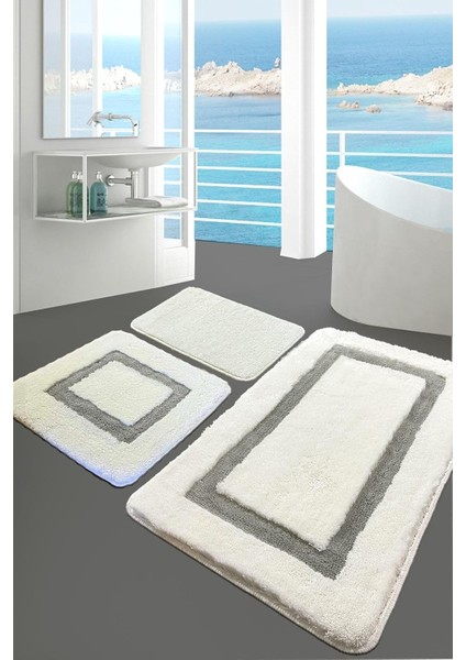 Gri 3lü Set Banyo Halısı Paspas Kaymaz Taban Yıkanabilir