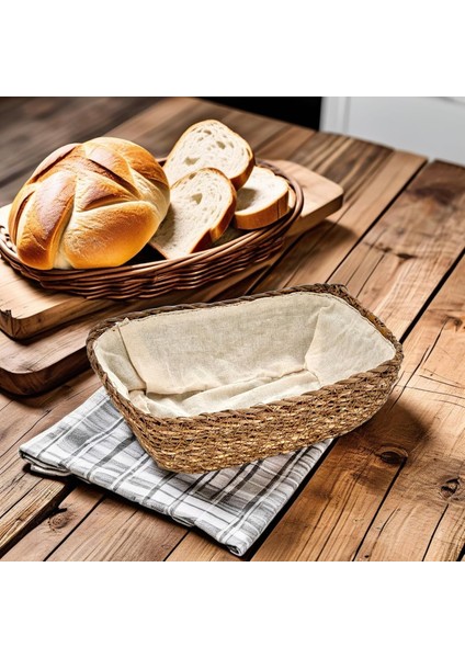 El Yapımı Hasır Içi Bezli Dikdörtgen Ekmeklik ve Dekoratif Dikdörtgen Hasır Sepet, Hasır Içi Bezli Ekmek Sepeti Dikdörtgen (22 cm*16 cm*8 cm)