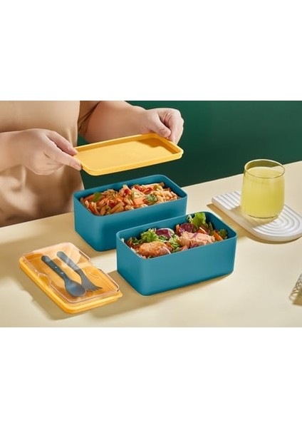 Mega Boy 2 Katlı Yemek Saklama Kabı 2'litre - Kendinden Çatal Kaşık Servisli Lunch Box Set (Yeşil)