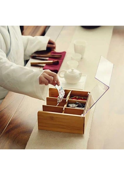 Akrilik Şeffaf Kapaklı Bambu 6 Bölmeli Çay Kutusu -%100 Orjinal Bambu Şeffaf Kapak (22 cm*22 cm*10 cm)