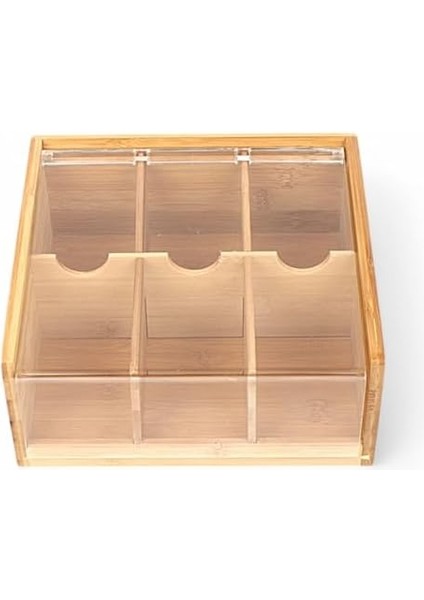 Akrilik Şeffaf Kapaklı Bambu 6 Bölmeli Çay Kutusu -%100 Orjinal Bambu Şeffaf Kapak (22 cm*22 cm*10 cm) fiyatları