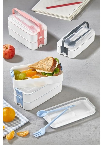 Home 1260 ml 3 Katlı 6 Bölmeli Bpa'sız Pp Plastik Sefer Taşıma ve Beslenme Çantası, Kilitli Bento Lunch Box, Mikrodalgaya Uygun, Çatal ve Kaşık Dahil (Krem)
