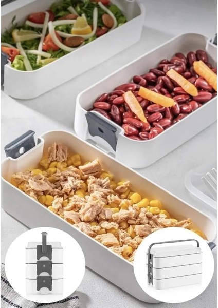 Home 1260 ml 3 Katlı 6 Bölmeli Bpa'sız Pp Plastik Sefer Taşıma ve Beslenme Çantası, Kilitli Bento Lunch Box, Mikrodalgaya Uygun, Çatal ve Kaşık Dahil (Krem)
