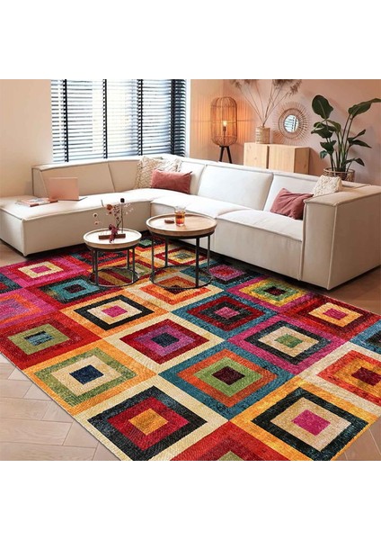 Dizayn Amber Desenli Pamuk Tabanlı Yıkanabilen Kaydırmaz Antibakteriyel Salon Halısı 80 x 150