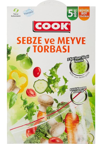 Kilitli Sebze Meyve Torbası, Büyük Boy 25 x 29 cm (5 Adet/kutu Içi)