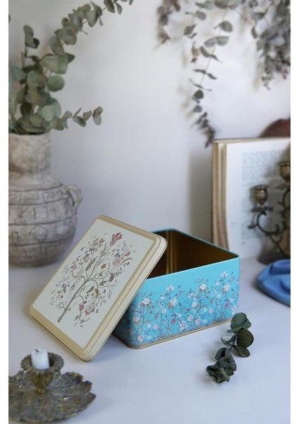 Botanica Blue Desenli Kare Metal Saklama Kabı 20X20 cm (Botanica Blue)