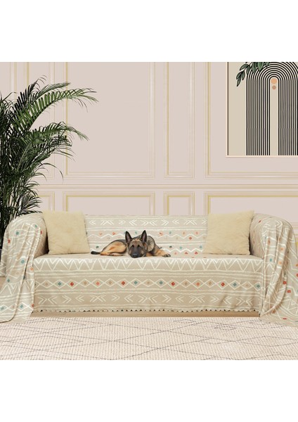Concept Softmicro Boho Etnik Desenli Mikrofiber Koltuk Örtüsü ve Şalı, Kaymaz Bej 180X220 cm