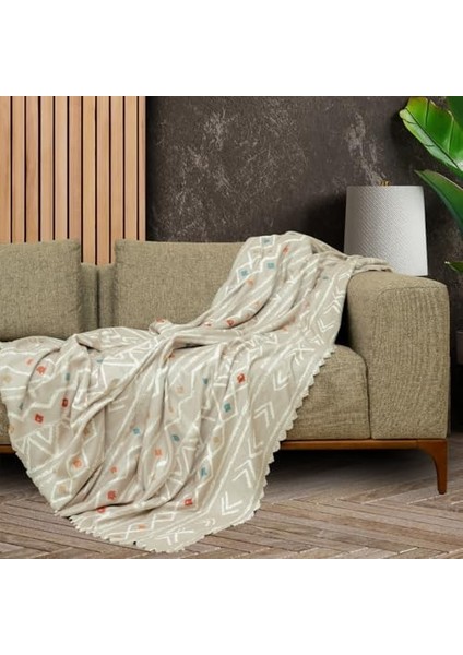 Concept Softmicro Boho Etnik Desenli Mikrofiber Koltuk Örtüsü ve Şalı, Kaymaz Bej 180X220 cm