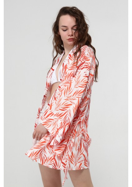 Naomi Turuncu Çiçek Desen Kimono
