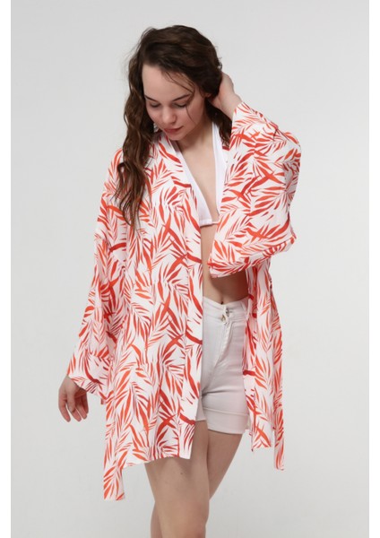 Naomi Turuncu Çiçek Desen Kimono