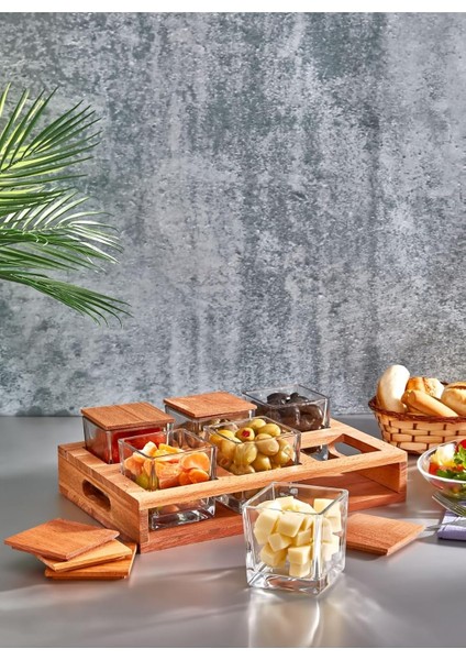 6 Lı Ahşap Standlı Kapaklı Lüx Cam Baharatlık Takımı - Çerezlik - Kahvaltılık -Kahvaltı Sunum Seti