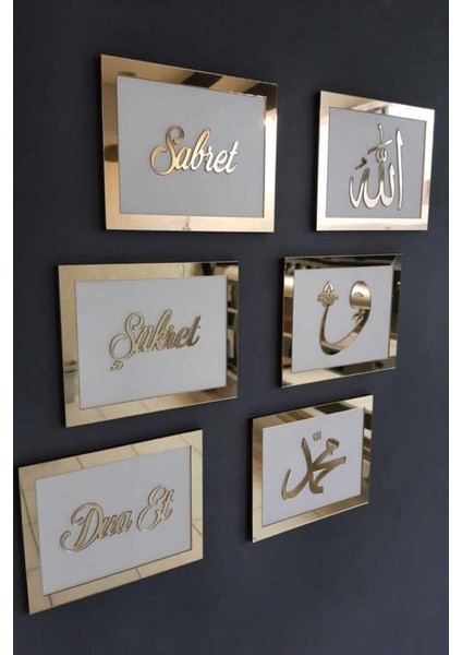 Handmade Sabret Dua Et Şükret 6lı Dua Tablo Seti Beyaz Ahşap Gold Altın Pleksi Aynalı Duvar Dekoru 26X16CM 35 x 50 Siyah