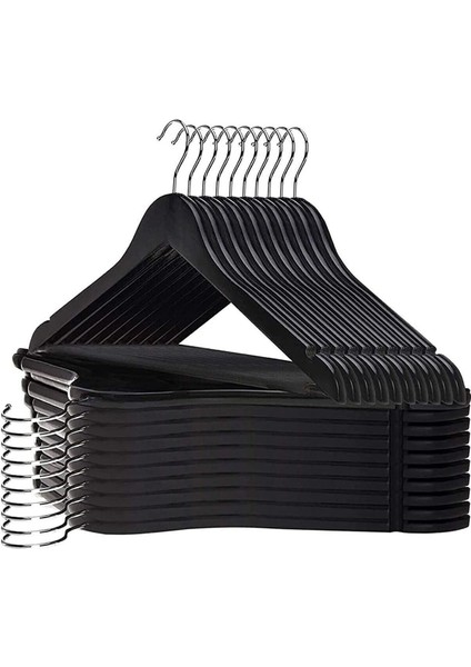 24 Adet Ahşap Görünümlü Plastik Askı, Siyah, Elbise Gömlek Pantolon Kıyafet Askısı Kalın Sağlam Malzeme