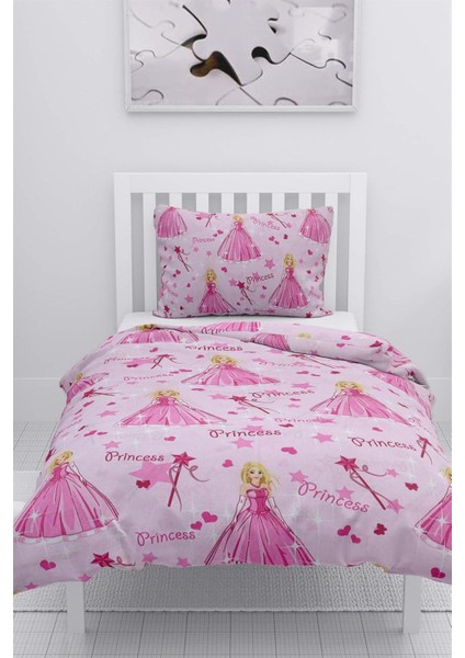 Prenses Desen Pamuklu Ranforce Tek Kişilik Nevresim Seti - Pembe