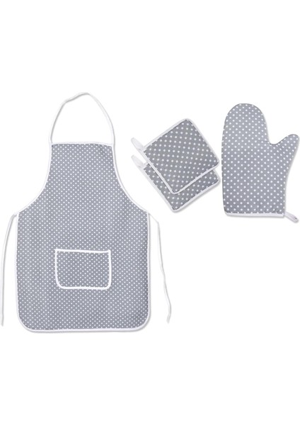 4 Lü Mutfak Çeyiz Seti ; Mutfak Önlüğü, Fırın Eldiveni ve Tutacak Takımı Gri