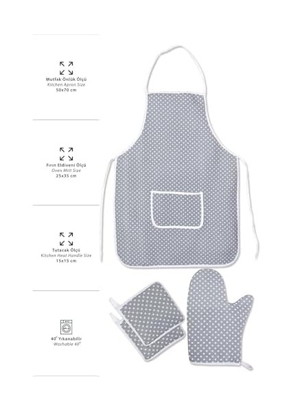 4 Lü Mutfak Çeyiz Seti ; Mutfak Önlüğü, Fırın Eldiveni ve Tutacak Takımı Gri fiyatları