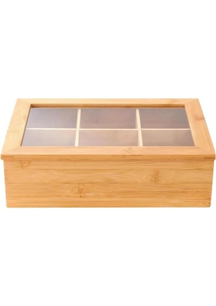 Bambu Çay Kutusu 6 Bölmeli, Şeffaf Kapaklı Çay ve Bitki Çayı Saklama Kutusu, Doğal ve Dayanıklı Tasarım