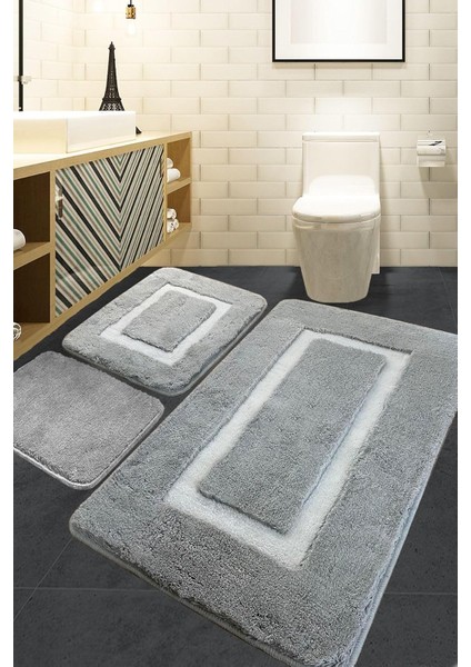Home Quadrato Frame Grey 3'lü Set Banyo Halısı Akrilik, 60 x 100