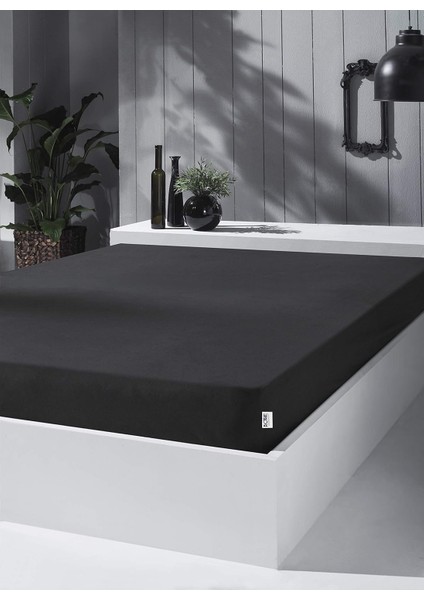 Home Örme Penye Lastikli Çarşaf, Çift Kişilik, Siyah, Pamuk 130 G/m2