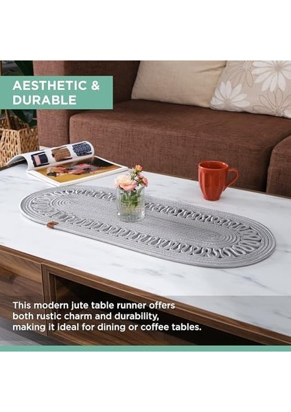 Jüt Dekoratif Runner - Bohem Masa Örtüsü, Sehpa Örtüsü, Amerikan Servis, 30 x 70 cm , Doğal ve Modern Tasarım (Gri)