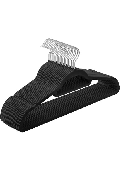 Kadife Elbise Askısı 20'li Set Kaymaz Küçük Bağlantı Çubuğu 360° Dönen Kanca 0,6 cm Kalın Yerden Tasarruf 43,5 cm Uzun Coats Pantolon Için Gümüş Siyah CRF20B