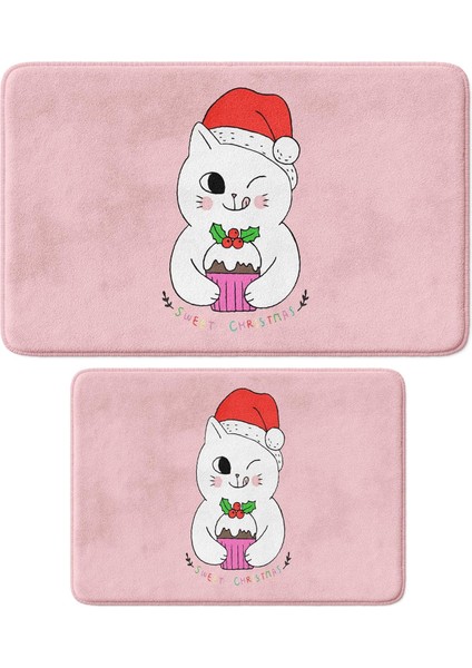 Sevimli Tasarımlı Yılbaşı Dekoru Banyo Paspası, Kaymaz Taban, Makinede Yıkanabilir, Yeni Yıl Paspası (283_BPSM, 2li Takım 40 x 60_50 x 80)